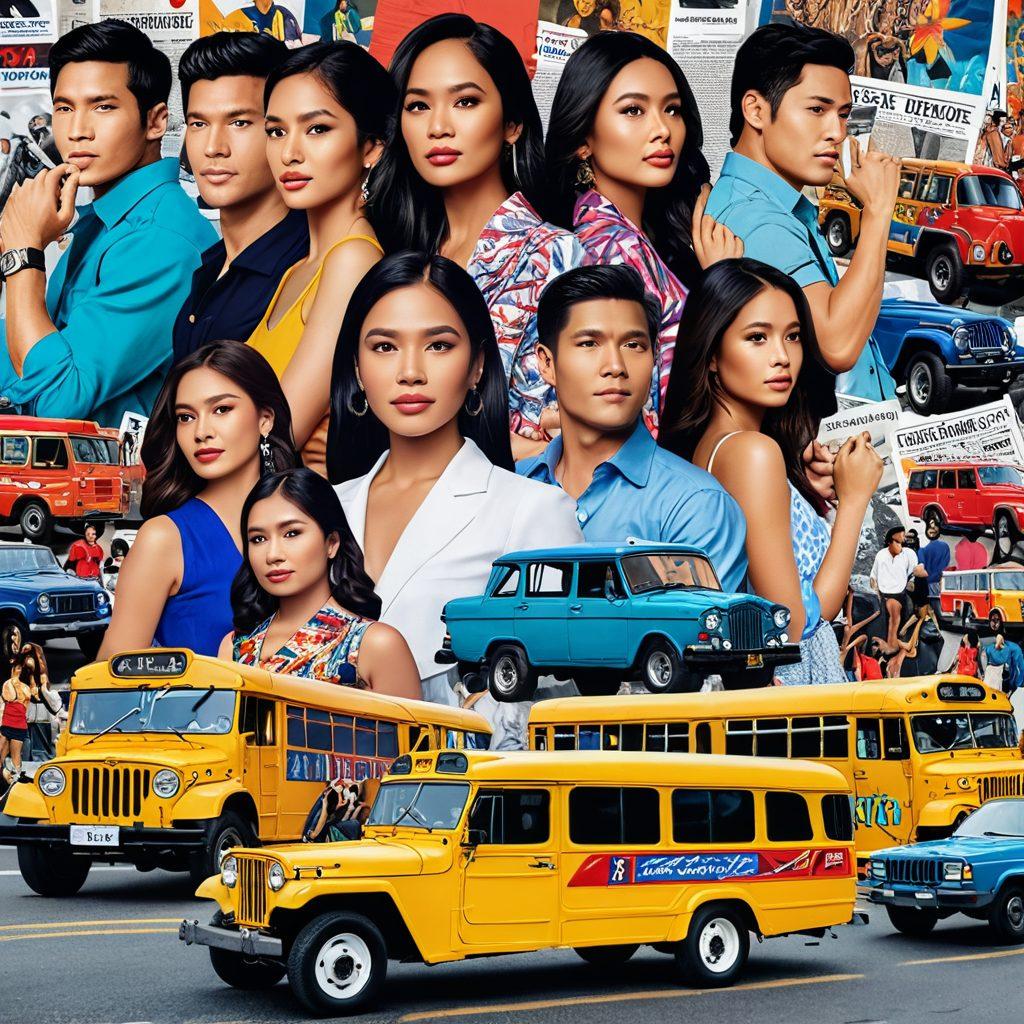 A colorful collage showcasing Filipino celebrities in dramatic poses, surrounded by newspaper clippings and social media notifications highlighting juicy scandals. Include iconic Filipino cultural elements like jeepneys, traditional patterns, and vibrant street life in the background. Emphasize a sense of excitement and intrigue with bold colors and dynamic angles. super-realistic. vibrant colors. modern graphic design.
