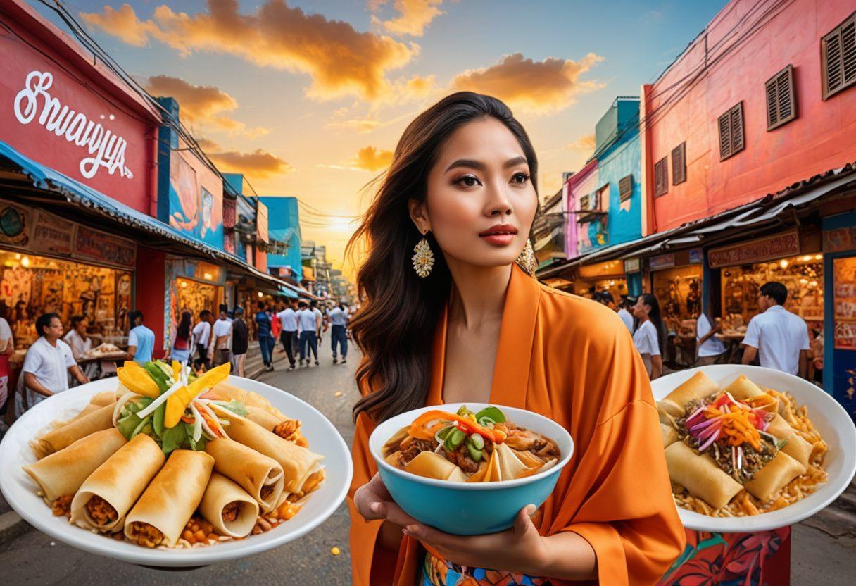 A dynamic collage showcasing elements of Pinoy pop culture: vibrant street scenes with influencers posing, iconic Filipino snacks, traditional attire mixed with modern fashion, and hashtags floating around. Include a vibrant sunset to symbolize the clash of tradition and modernity, with various digital devices showcasing social media engagement. The setting should feel lively and engaging to reflect the energy of Pinoy pop culture. vibrant colors. super-realistic.