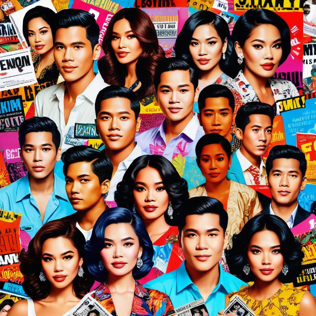 A collage of famous Filipino celebrities, surrounded by colorful magazine covers and vibrant gossip headlines. Include playful elements like speech bubbles filled with juicy rumors and social media icons, capturing the essence of celebrity culture. Incorporate a hint of traditional Filipino patterns in the background for cultural flair. bright and lively colors. pop art style.